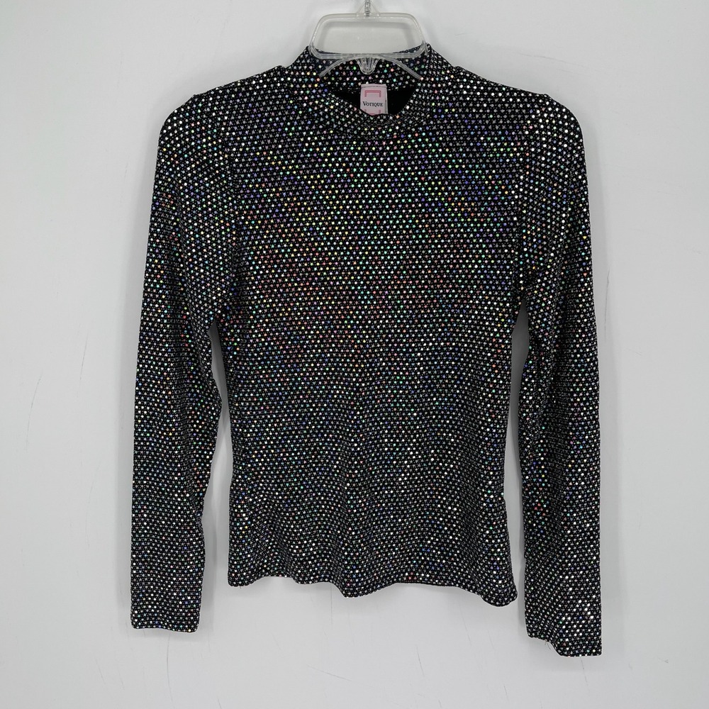 Votique Women's Black Iridescent Sequin Mock Neck Long Sleeve Glam Top Size M